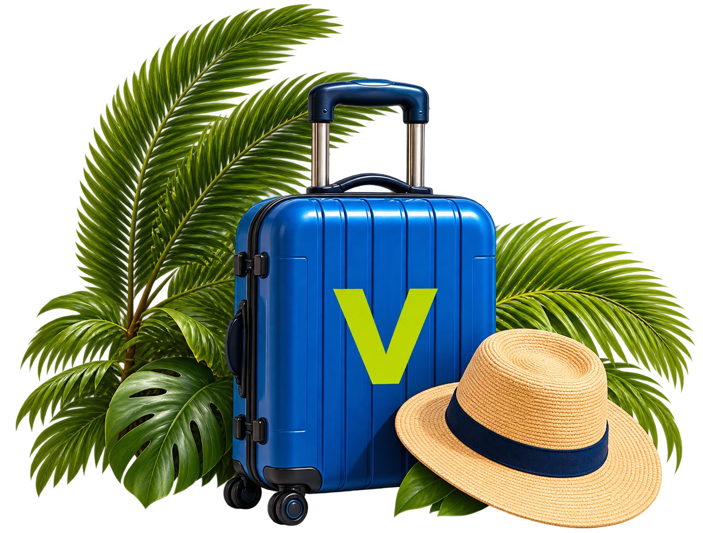 TravelCheckerZ koffer met V, zonnehoed en palmbladeren